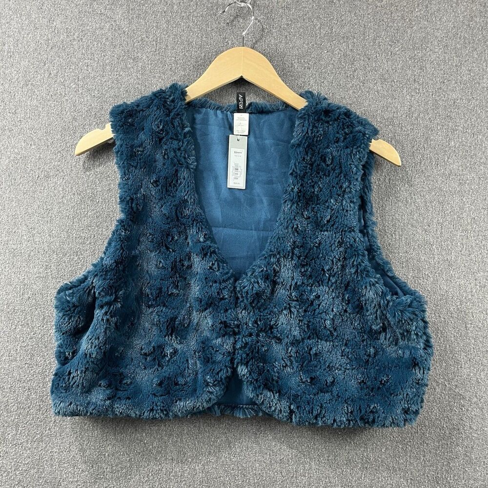 Apt 9 Faux Fur Vest Women’s S/M Teal Open Front Plush Layering Cozy Chic NWT